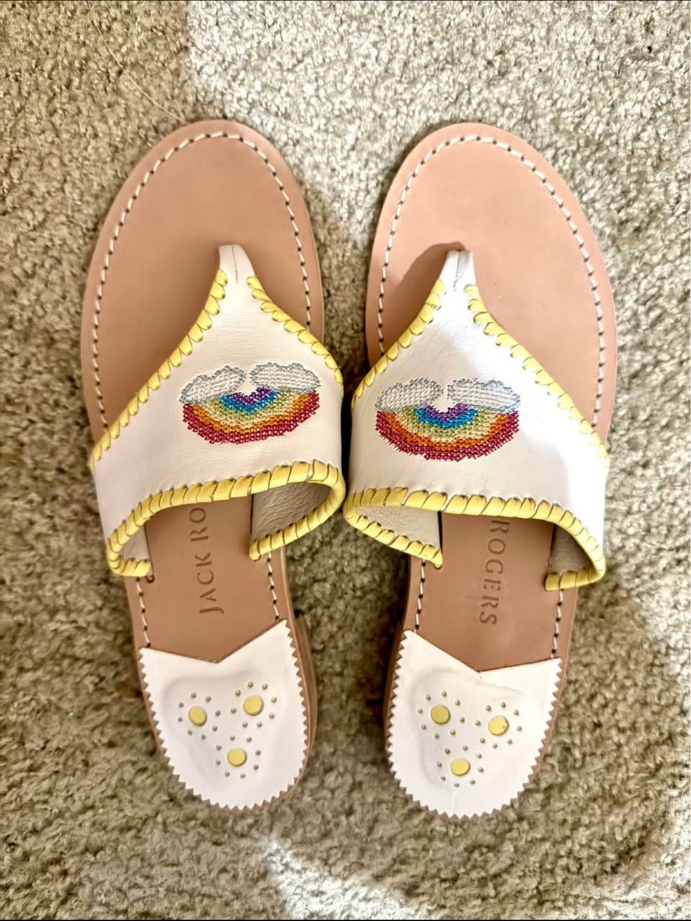 Jack Rogers White Leather Sandals with Rainbow Cloud Embroidery